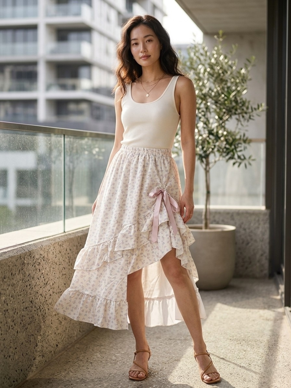 Women's Cream Floral Ruffle High-Low Skirt with Pink Bow